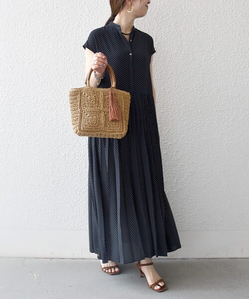 美品 SHIPS any バンドカラープリーツロングワンピース 紺 学校行事 SHIPS any ワンピース any:「手洗い可能」ドット バンドカラー