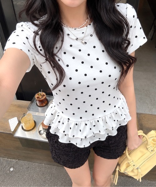 SHEENA（シーナ） tシャツ 半袖 ドットフリル半袖Tシャツ レディース