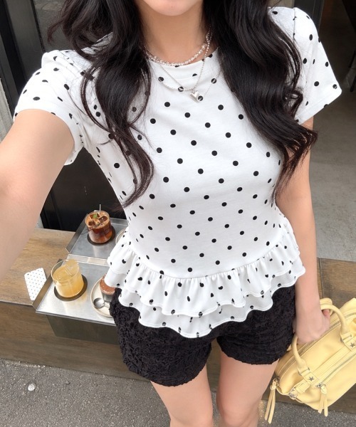 ドルチェアンドガッパーナドット柄 フリルブラウス 半袖 SHEENA（シーナ） tシャツ 半袖 ドットフリル半袖Tシャツ レディース