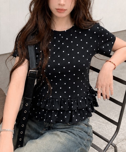 SHEENA（シーナ） tシャツ 半袖 ドットフリル半袖Tシャツ レディース