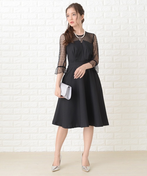 Lace Ladies ドレス リボン付きドット柄レース×ビスチェ 膝下丈