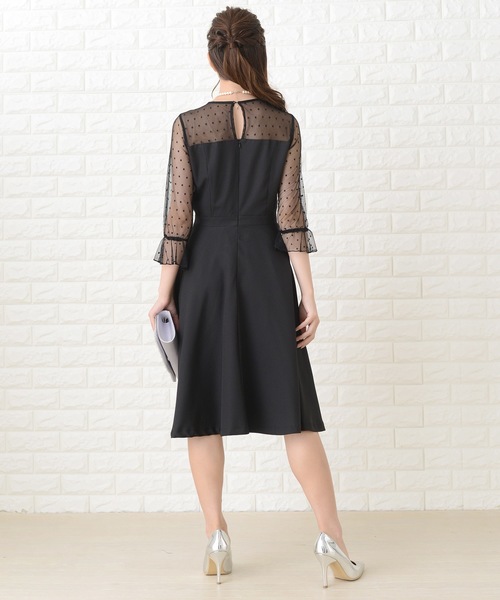 レースレディース　美品　ドットレースビスチェ風ドレス 　リボン　ウォッシャブルL Lace Ladies ドレス リボン付きドット柄レース×ビスチェ 膝下丈
