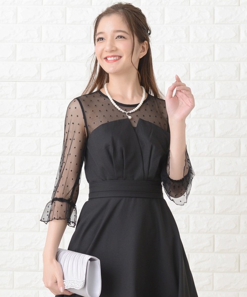 レースレディース　美品　ドットレースビスチェ風ドレス 　リボン　ウォッシャブルL Lace Ladies ドレス リボン付きドット柄レース×ビスチェ 膝下丈