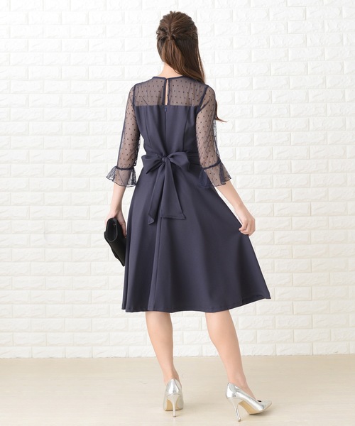 Lace Ladies ドレス リボン付きドット柄レース×ビスチェ 膝下丈