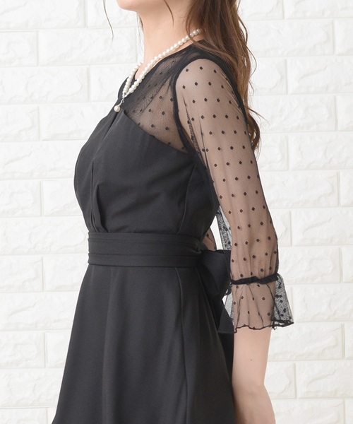 レースレディース　美品　ドットレースビスチェ風ドレス 　リボン　ウォッシャブルL Lace Ladies ドレス リボン付きドット柄レース×ビスチェ 膝下丈