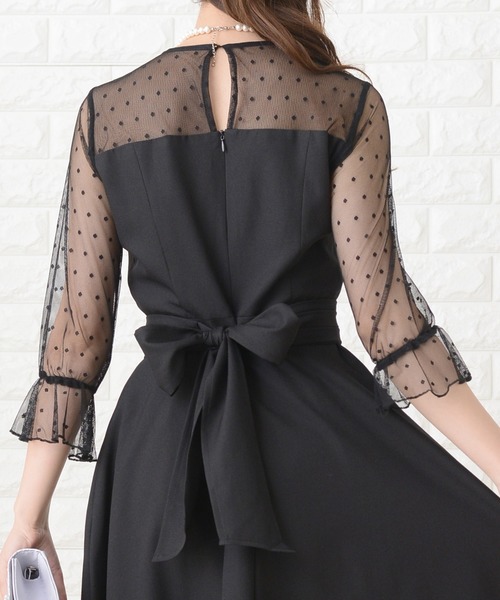 レースレディース　美品　ドットレースビスチェ風ドレス 　リボン　ウォッシャブルL Lace Ladies ドレス リボン付きドット柄レース×ビスチェ 膝下丈