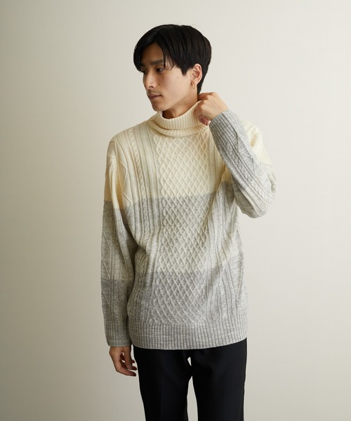 ニット セーター 7ゲージケーブル編みタートルネックニット