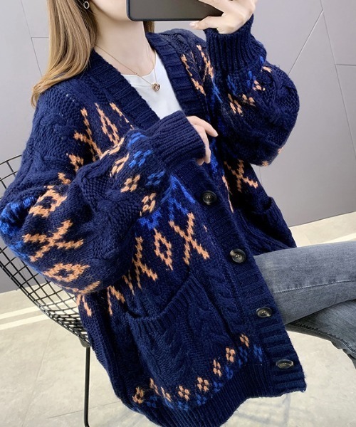 カーディガン ノルディック柄ざっくり編みニットカーディガン