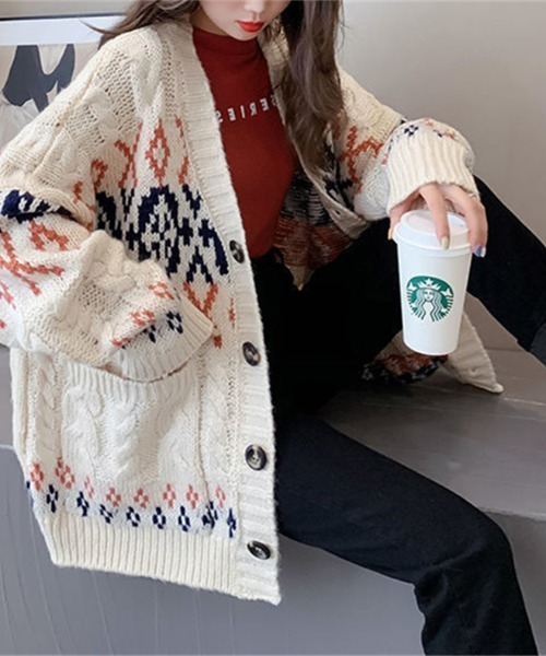 カーディガン ノルディック柄ざっくり編みニットカーディガン