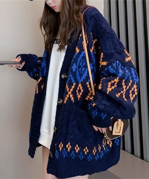 カーディガン ノルディック柄ざっくり編みニットカーディガン