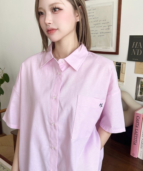 moment+ ブラウス シャツ ワンポイント刺繍半袖オックスシャツ