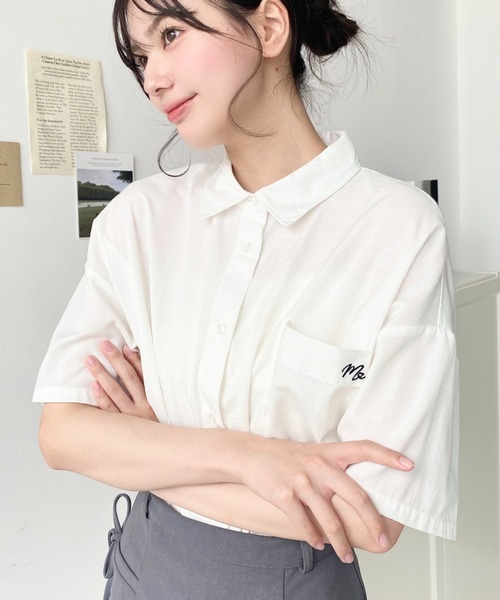 moment+ ブラウス シャツ ワンポイント刺繍半袖オックスシャツ