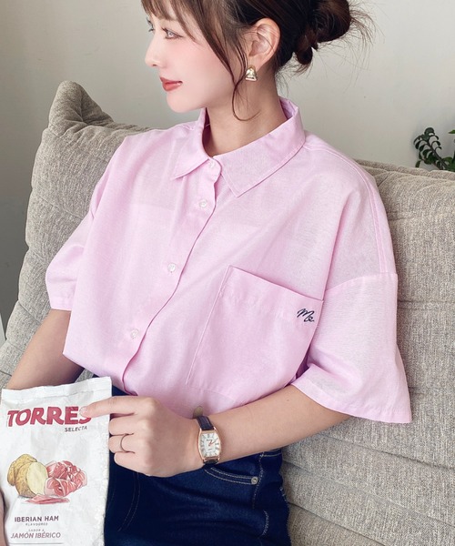 moment+ ブラウス シャツ ワンポイント刺繍半袖オックスシャツ