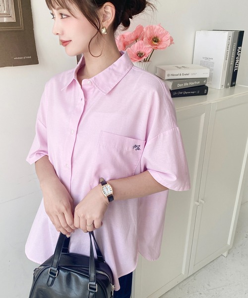 moment+ ブラウス シャツ ワンポイント刺繍半袖オックスシャツ