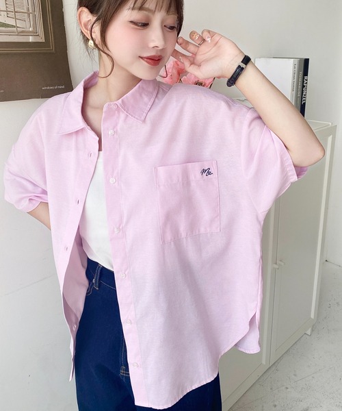 moment+ ブラウス シャツ ワンポイント刺繍半袖オックスシャツ