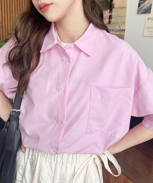 moment+ ブラウス シャツ ワンポイント刺繍半袖オックスシャツ