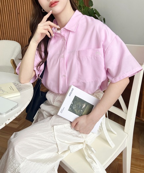 moment+ ブラウス シャツ ワンポイント刺繍半袖オックスシャツ