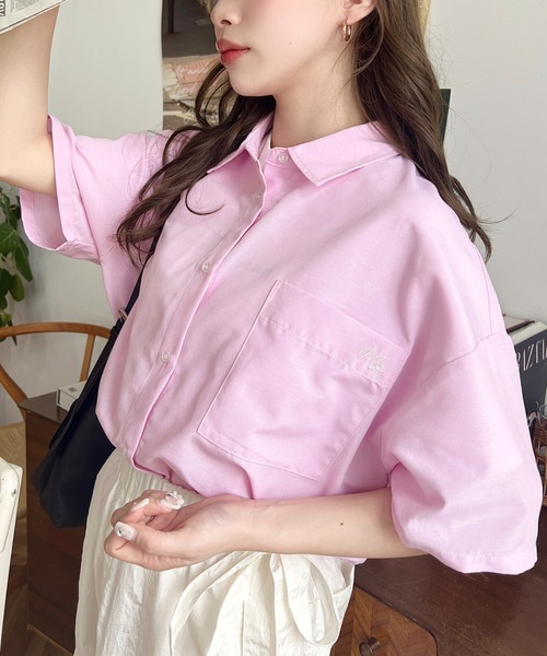 moment+ ブラウス シャツ ワンポイント刺繍半袖オックスシャツ