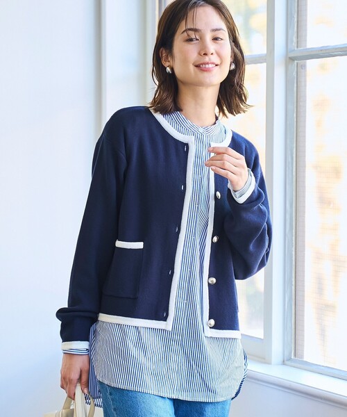 美品 2022 Rene ルネ カーディガン ウール コットン 紺 金 34 coen（コーエン） カーディガン 「RONEL」金釦ニットカーディガン