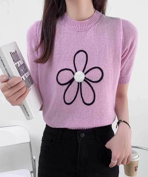 花　半袖セーター Diosfront ニット セーター フラワー刺繍半袖ニットプルオーバー
