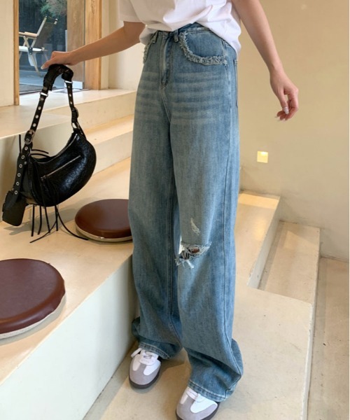 ストレートデニム カットオフデザイン ジーンズ デニム デニムパンツ カットオフ デザイン ワイド