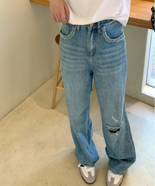 ストレートデニム カットオフデザイン ジーンズ デニム デニムパンツ カットオフ デザイン ワイド