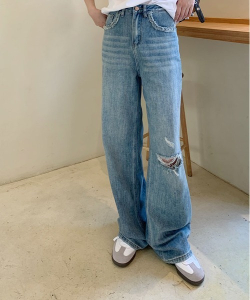ストレートデニム カットオフデザイン Frayed Hem Straight Denim Pants