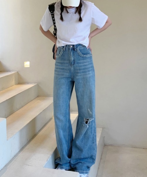 ストレートデニム カットオフデザイン ジーンズ デニム デニムパンツ カットオフ デザイン ワイド