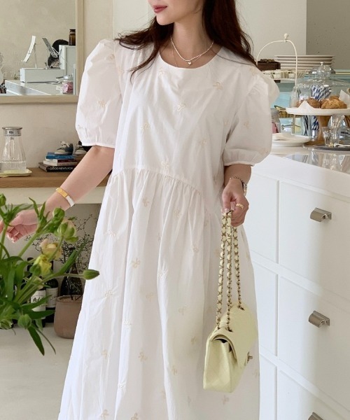 ワンピース 半袖 リボン刺繍パフスリーブワンピース : ZOZOTOWN Yahoo