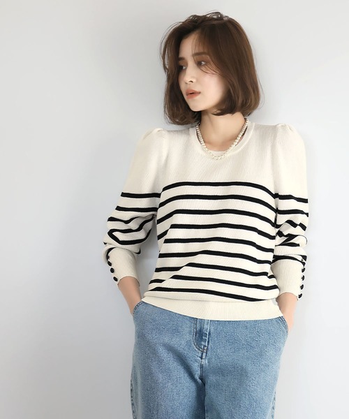 ELFRANK ニット セーター パフスリーブボーダーリブニットプルオーバー