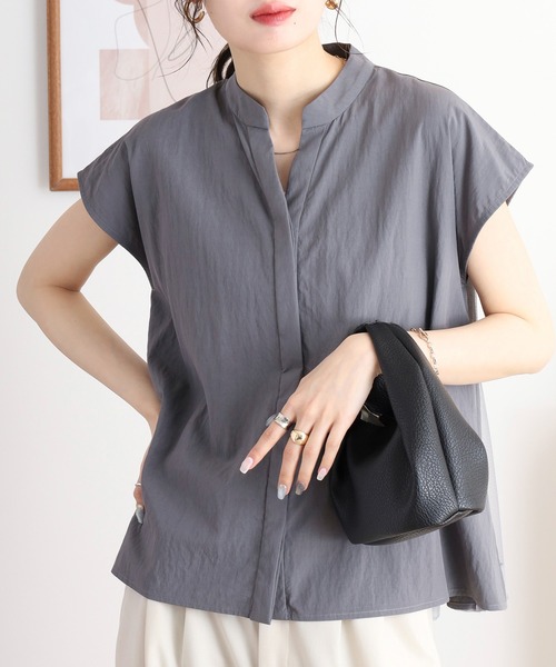 ブラウス シャツ A.N.L バックチュール切り替え キーネックノースリーブブラウス レディース