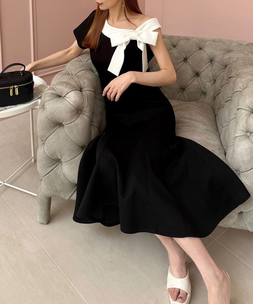 ワンショル リボン マーメイド ドレス ミモレ丈 ワンピース ROYAL PARTY ワンピース 「丈が選べる」ワンショルリボン配色