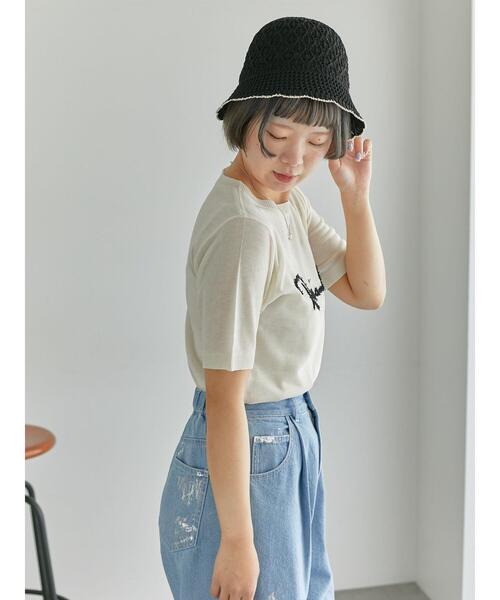 エポカ 半袖ニットカットソー ehka sopo（エヘカソポ） ニット セーター ロゴ刺繍半袖ニット