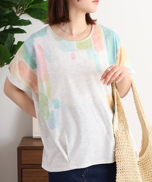 myke tシャツ 半袖 水彩ストライププリントタックTシャツ レディース