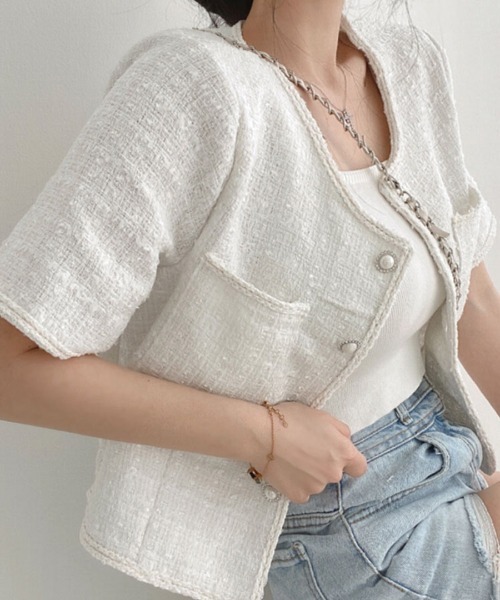 「Riff」 ツイードジャケット M ホワイト レディース_画像4