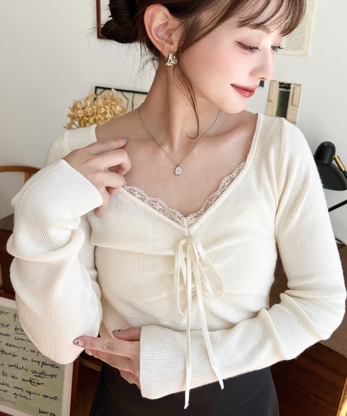 moment+ ニット セーター 12Gフロントレースギャザーリブニット