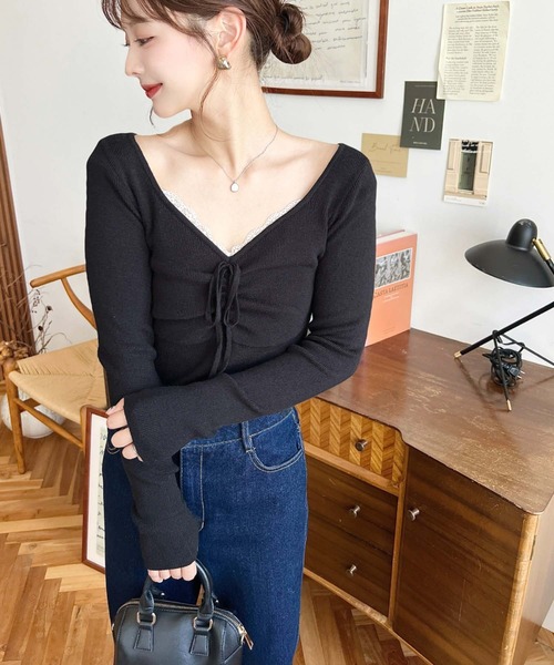 moment+ ニット セーター 12Gフロントレースギャザーリブニット