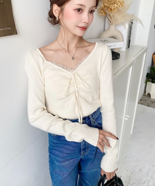 moment+ ニット セーター 12Gフロントレースギャザーリブニット