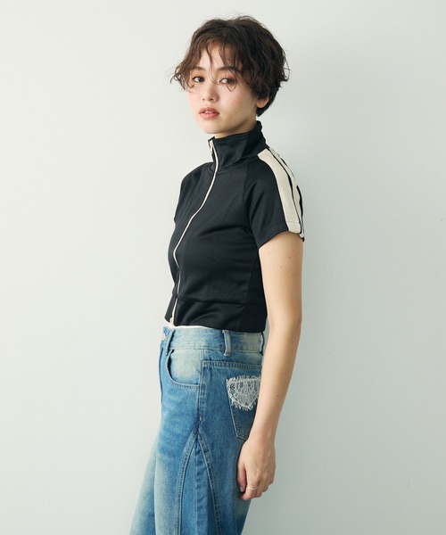 Clum ジャージ ハイネックジップアップクロップドトップス レディース