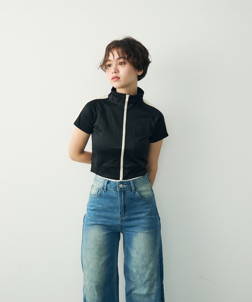 Clum ジャージ ハイネックジップアップクロップドトップス レディース