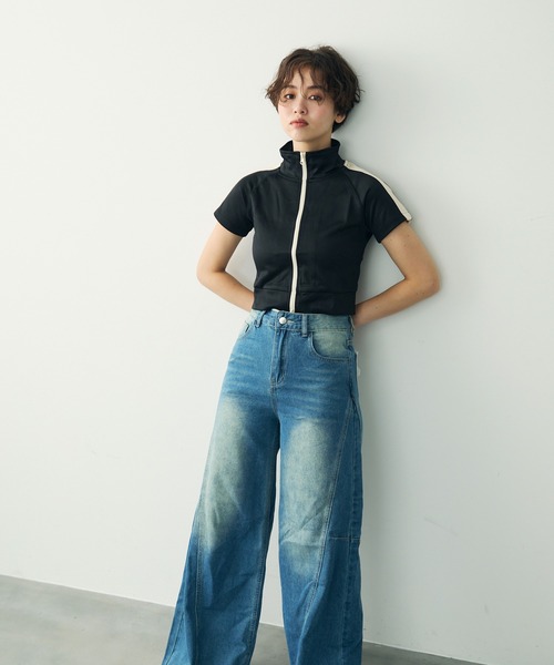 Clum ジャージ ハイネックジップアップクロップドトップス レディース