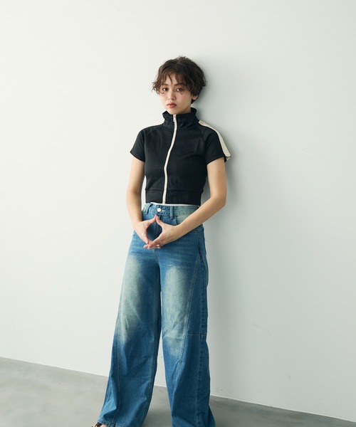 Clum ジャージ ハイネックジップアップクロップドトップス レディース