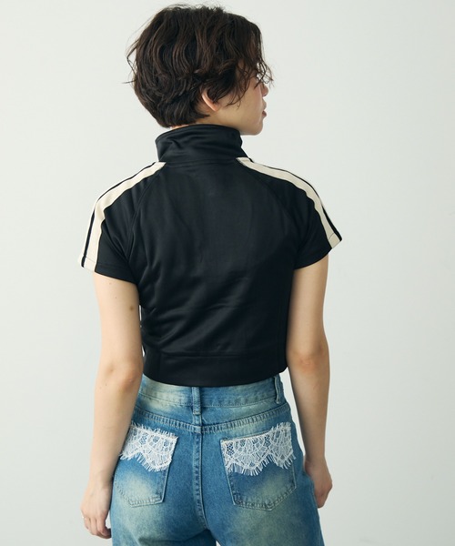 Clum ジャージ ハイネックジップアップクロップドトップス レディース