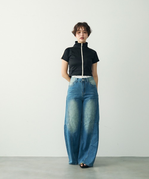 Clum ジャージ ハイネックジップアップクロップドトップス レディース