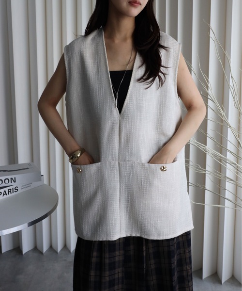 YENNA ベスト ジレ 「ツイードポケット金釦ベスト」Vネックベスト