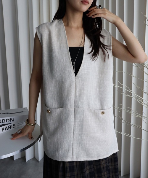 YENNA ベスト ジレ 「ツイードポケット金釦ベスト」Vネックベスト