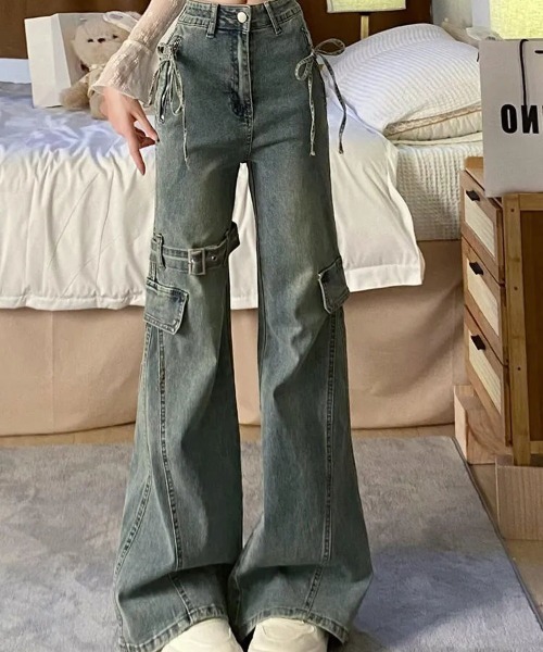 ジーンズ デニム デニムパンツ リボンデザインフレアデニム レディース
