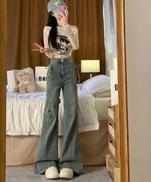 ジーンズ デニム デニムパンツ リボンデザインフレアデニム レディース