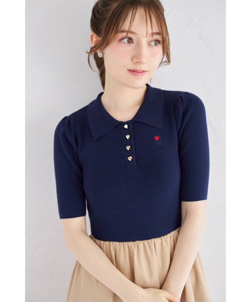 ケーブルロゴ刺繍ニットポロワンピース tocco closet ワンピース ロゴ刺繍入りポロニットドッキング