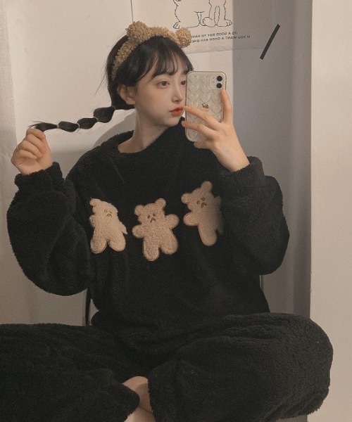 パジャマ ルームウェア くまさん フリース 上下セット レディース